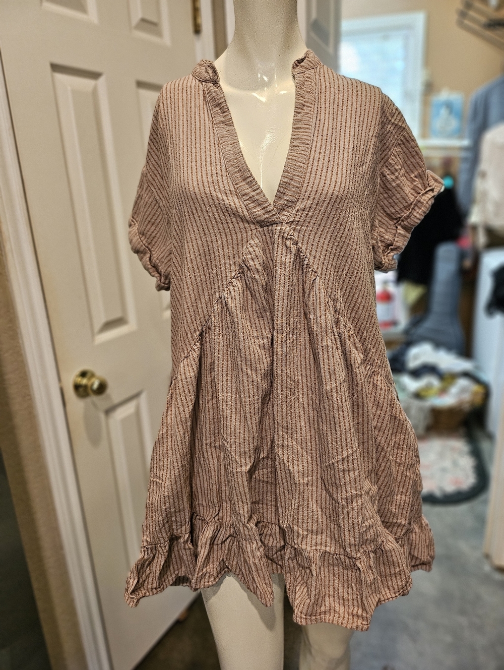 By Together Linen Cotton Blend Light Brown & Caramel Striped Baby Doll Dress S